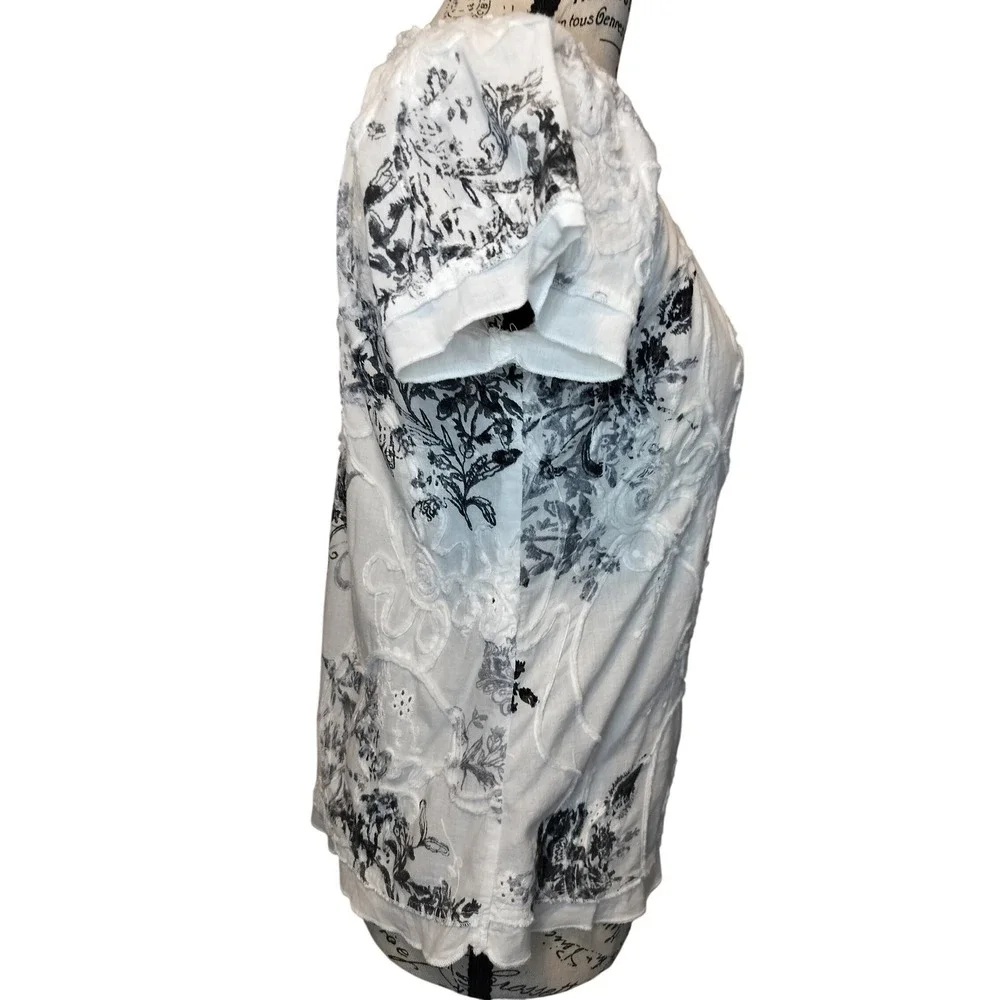 Laura Scott Petite Womens Petite S‎ White Black Floral Eyelet Smocked Blouse Top